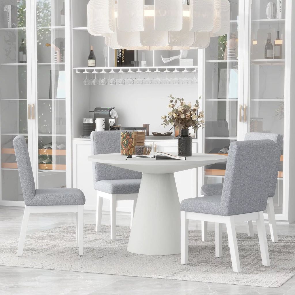 White 5 Piece Round Wood Dining Table Set with 4 Upholstered Chairs F754808