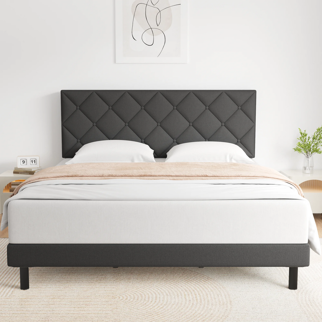 Full Size Bed Frame with Fabric Upholstered Headboard Dark Grey V74685