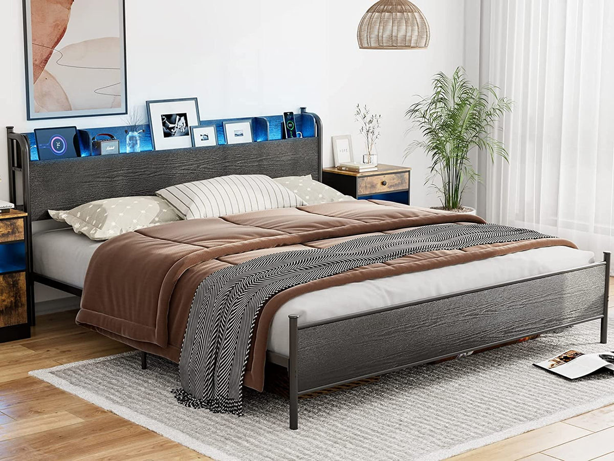 Black Twin XL LED Bed Frame with Storage Headboard and USB Ports G7662
