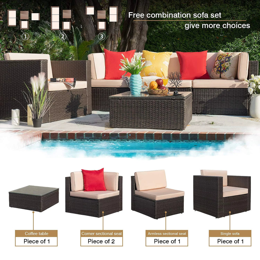 5 Pieces Patio Conversation Set Rattan Sectional Sofa with Glass Table T333463