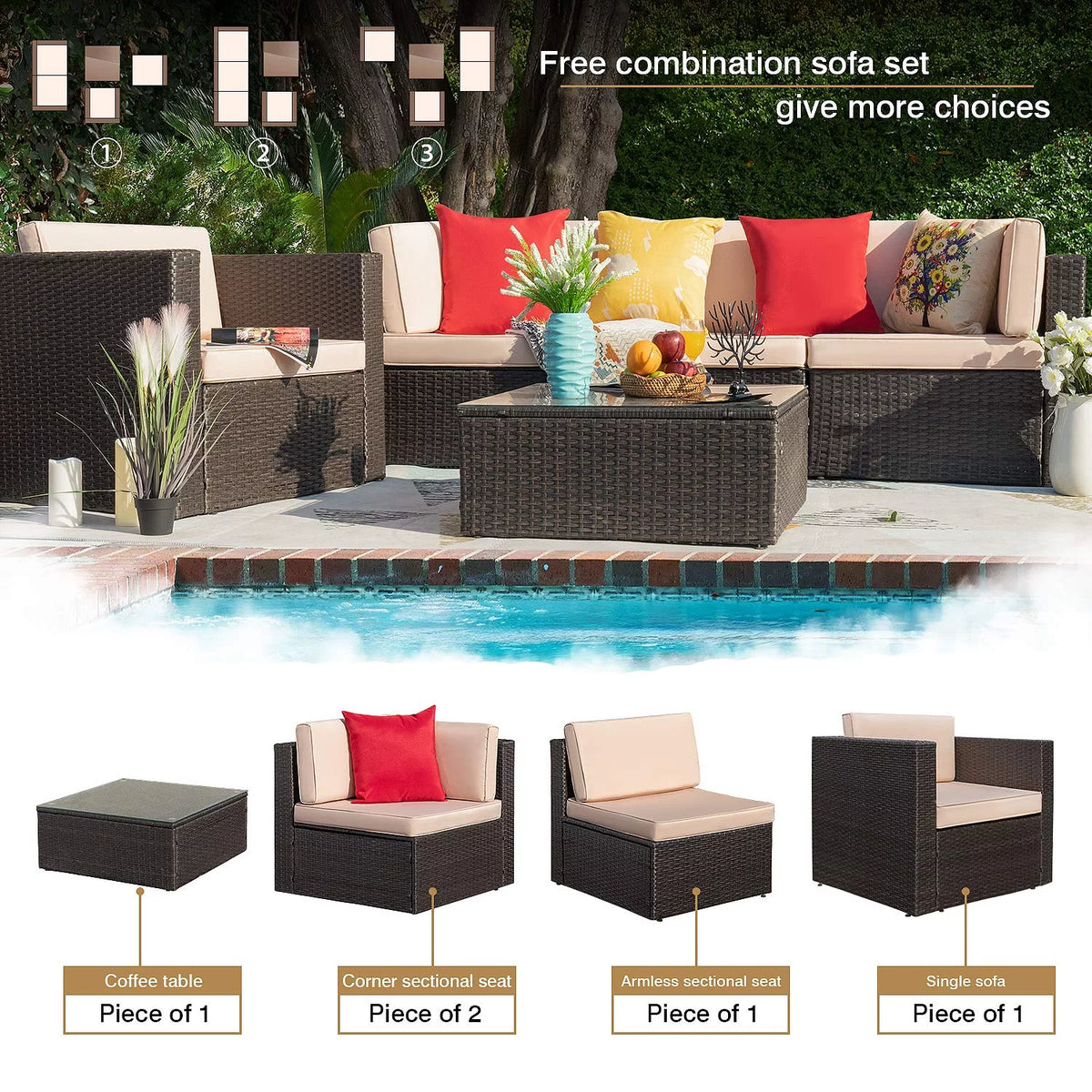 5 Pieces Patio Conversation Set Rattan Sectional Sofa with Glass Table T333463
