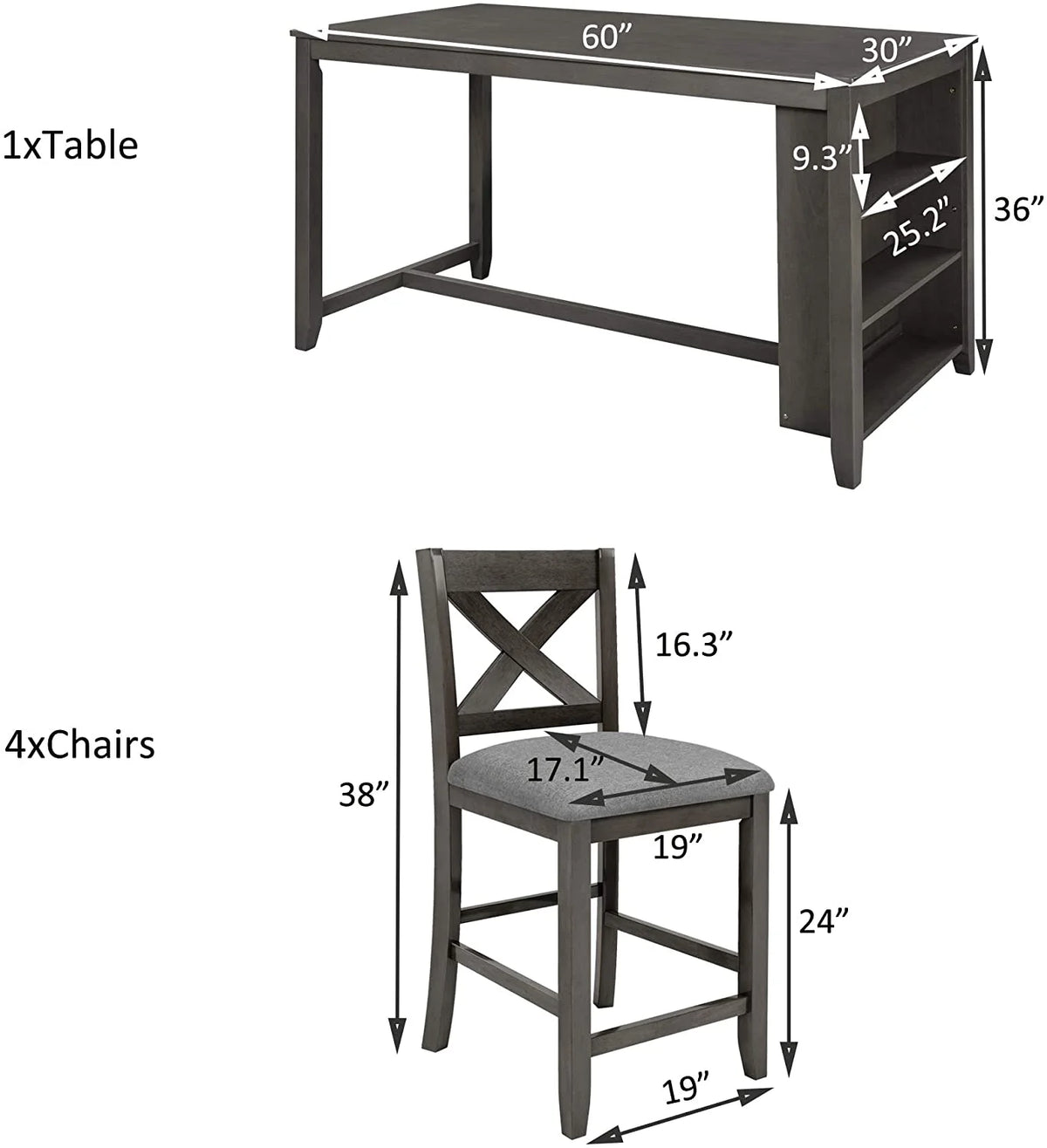 5 Piece Counter Height Wooden Dining Table Set with 4 Chairs N7054