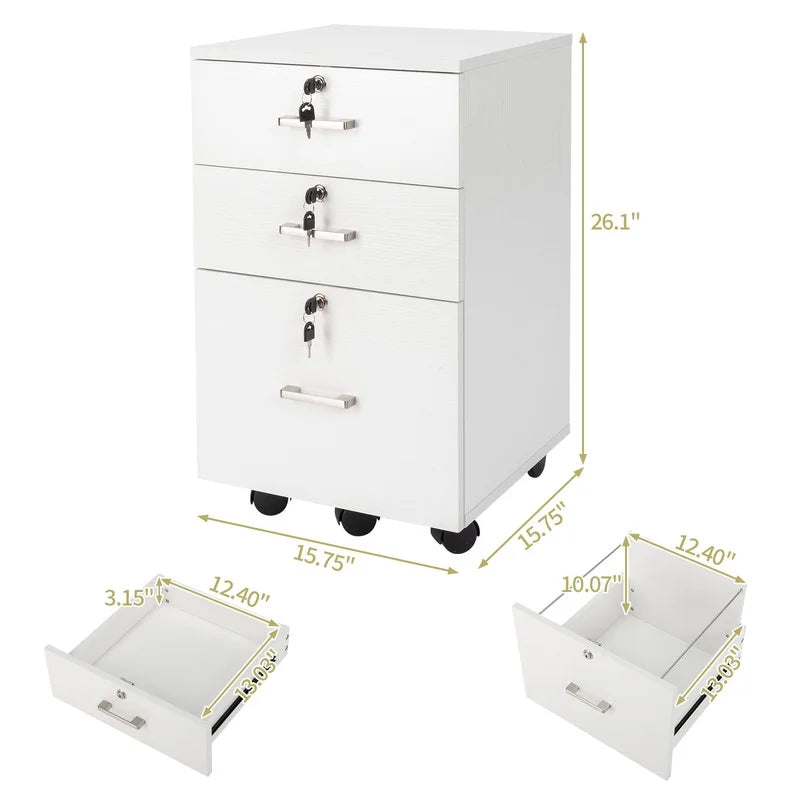 White 3 Drawer File Cabinet with Lock M7034