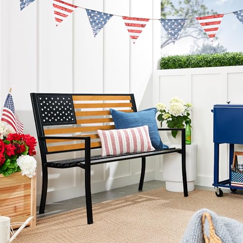 2-Person Steel Indoor/Outdoor Bench with American Flag, 790lb Capacity - Black K476482