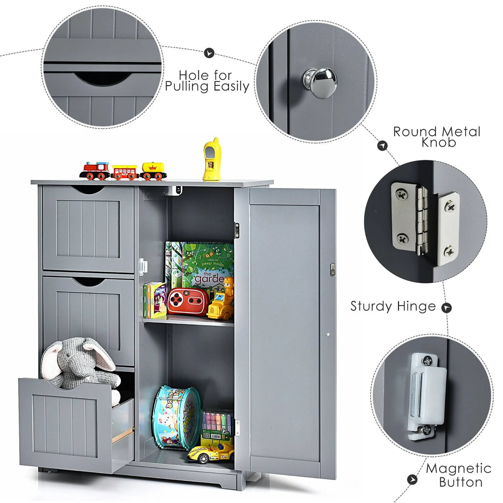 White Wooden Bathroom Floor Cabinet with 1 Cupboard and 3 Drawers S89190