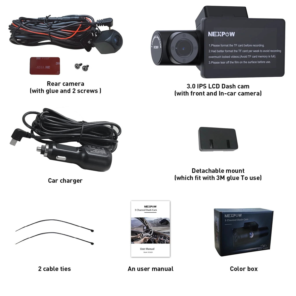 4k 3 Channel Dash Cam with 3 LCD Screen N842