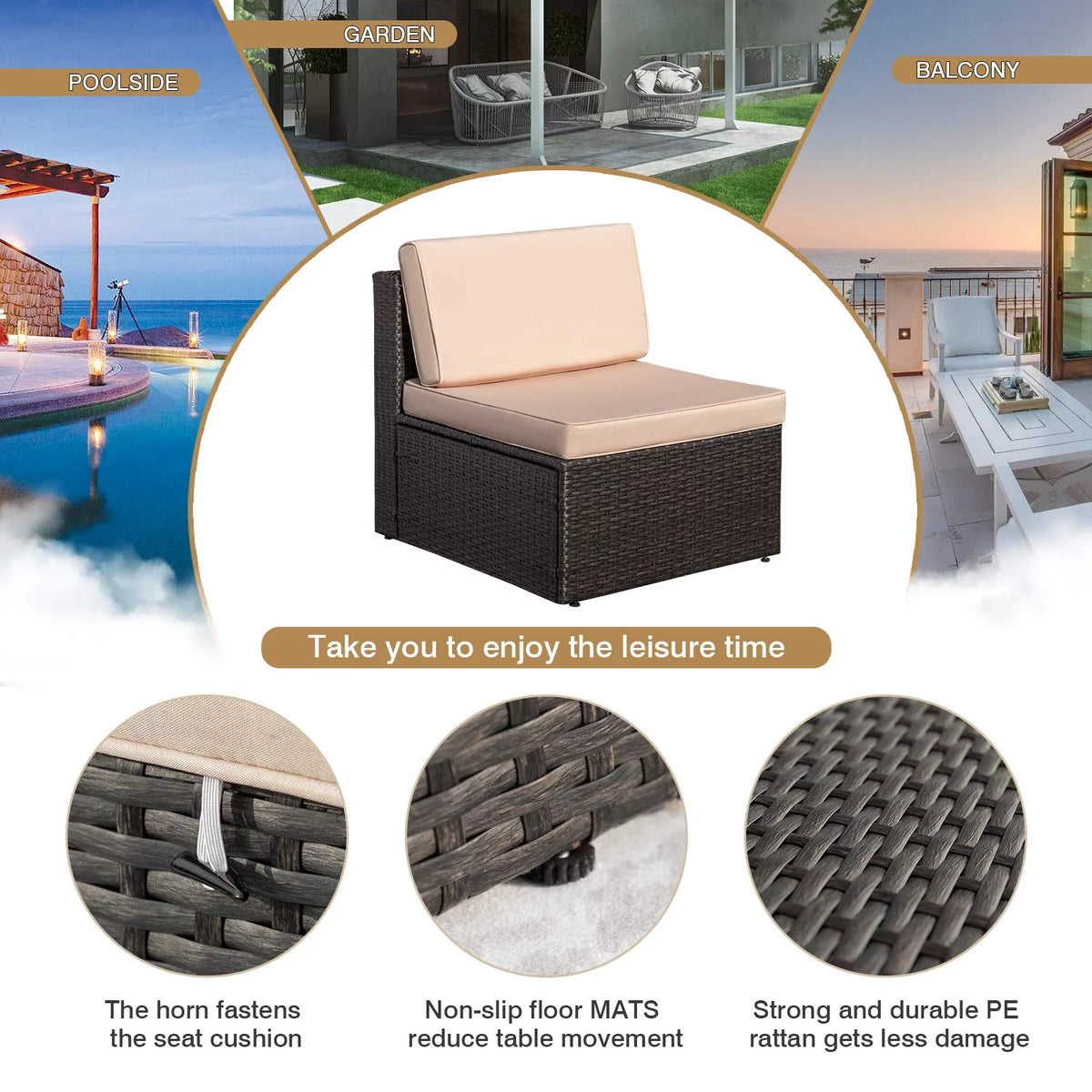 5 Pieces Patio Conversation Set Rattan Sectional Sofa with Glass Table T333463