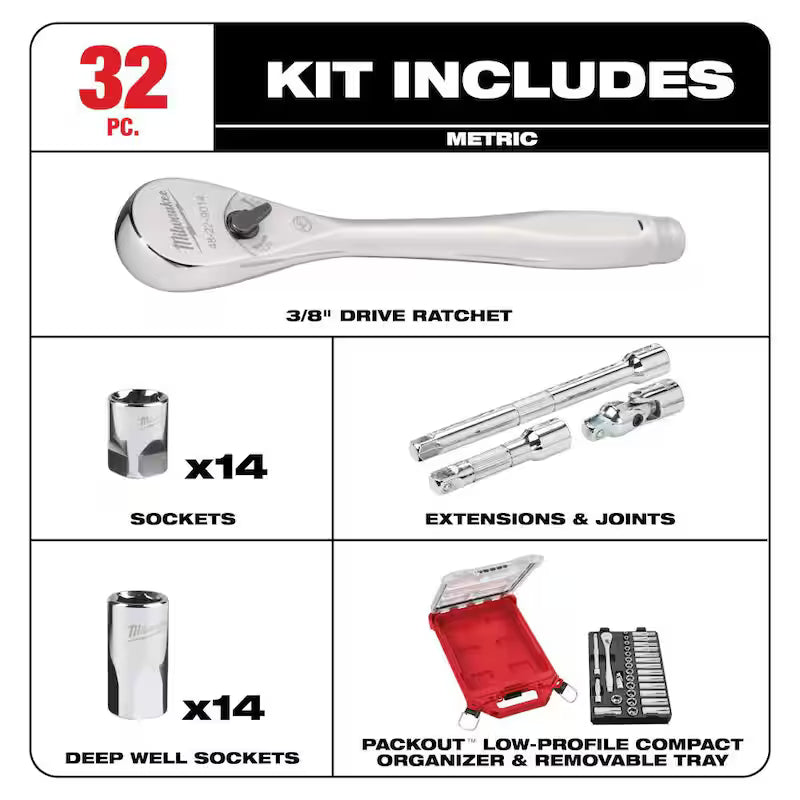 3/8 in. Drive Metric Ratchet and Socket Mechanics Tool Set 32-Piece T968