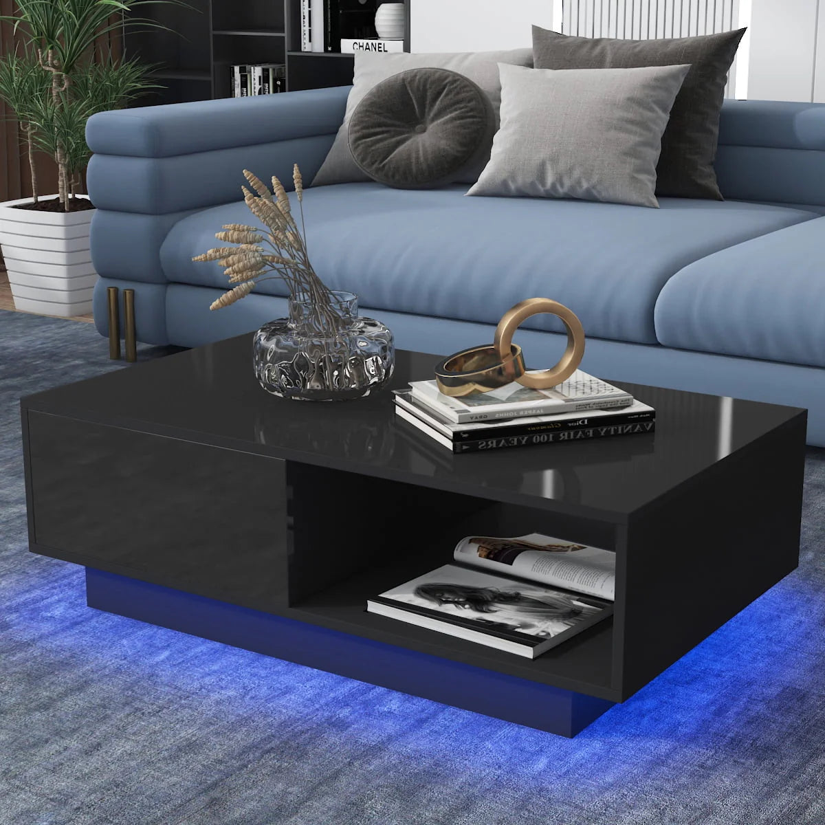 Black High Gloss LED Coffee Table with Drawer C574427