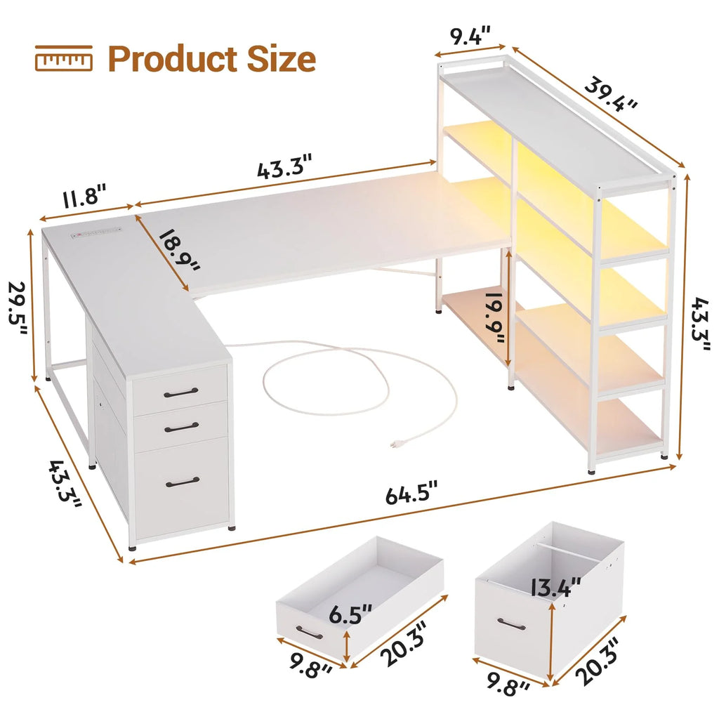 L Shaped Computer Desk with Power Outlet and Storage Shelves Y678