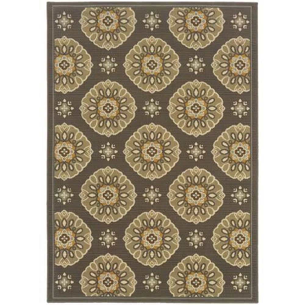 Grey Gold Floral Indoor Outdoor Area Rug 6'7" x 9'6" B223