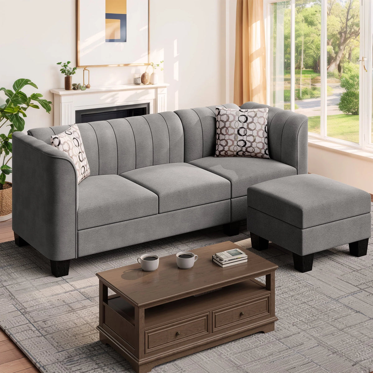 Black L Shaped Linen Fabric Sectional Sofa N842