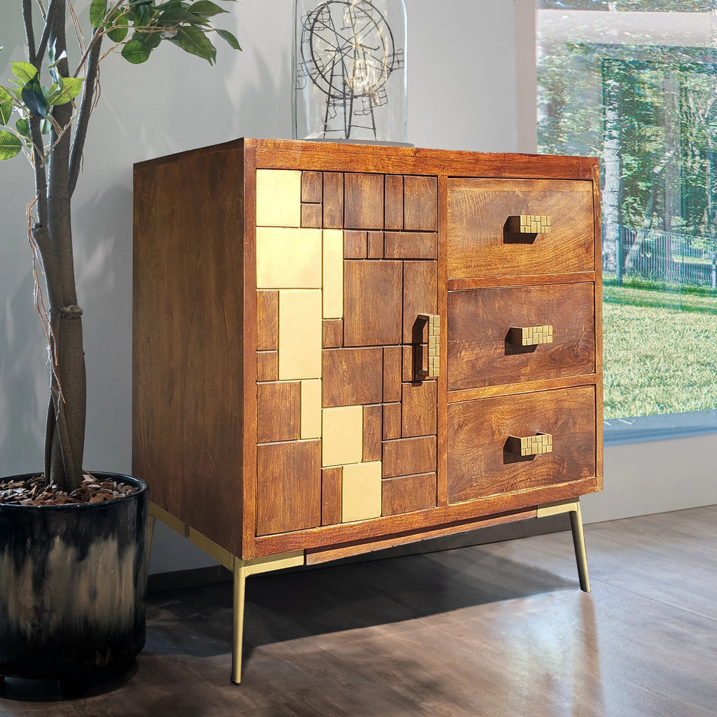 Recycled Mango Wood Cabinet with 1 Door, 3 Drawers Z4473