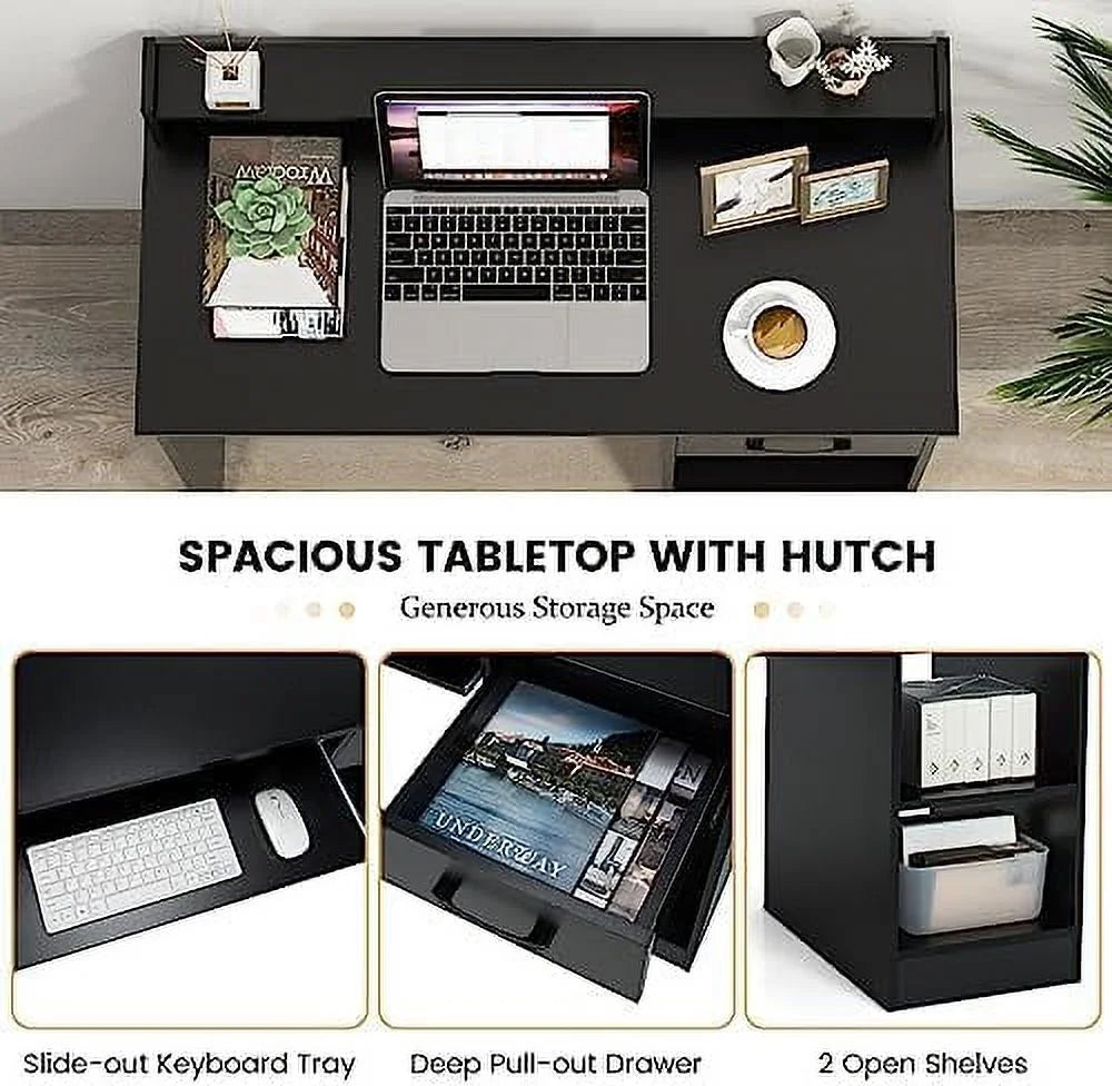 Black Computer Desk with Drawers and Shelves V570600