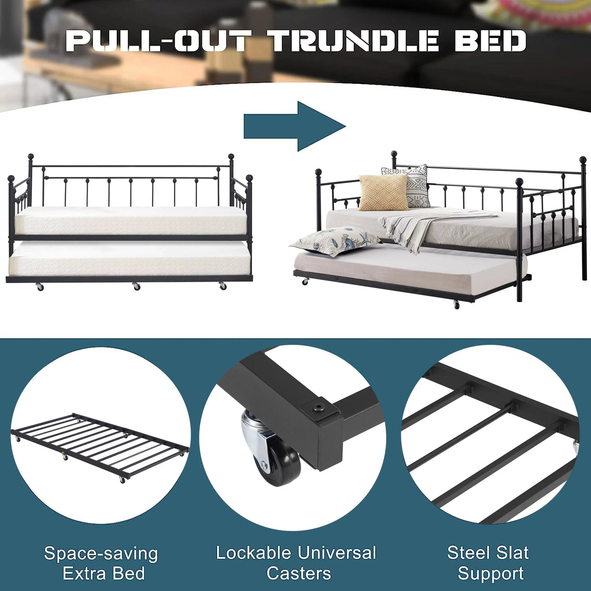 Twin Metal Daybed with Trundle and Wheels Z3083