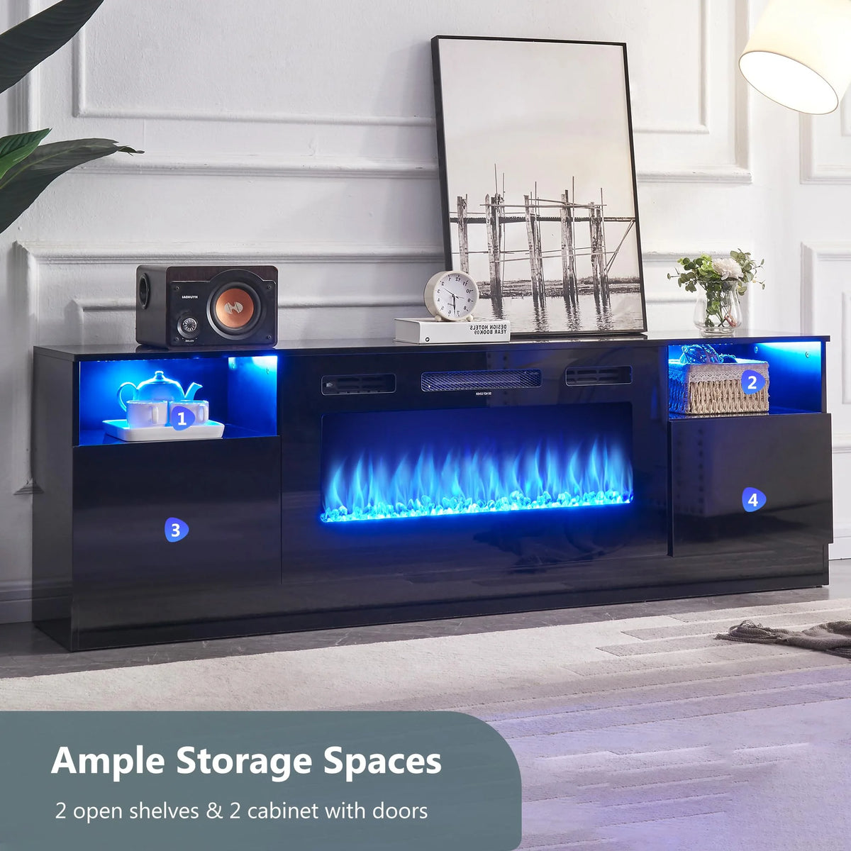 Black 70 inches Wood TV Stand with 36" Electric Fireplace M48157