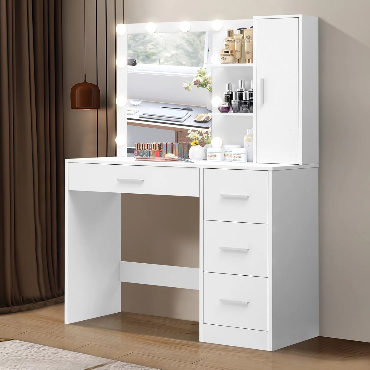 White Makeup Vanity with Lighted Mirror and 4 Drawers U457