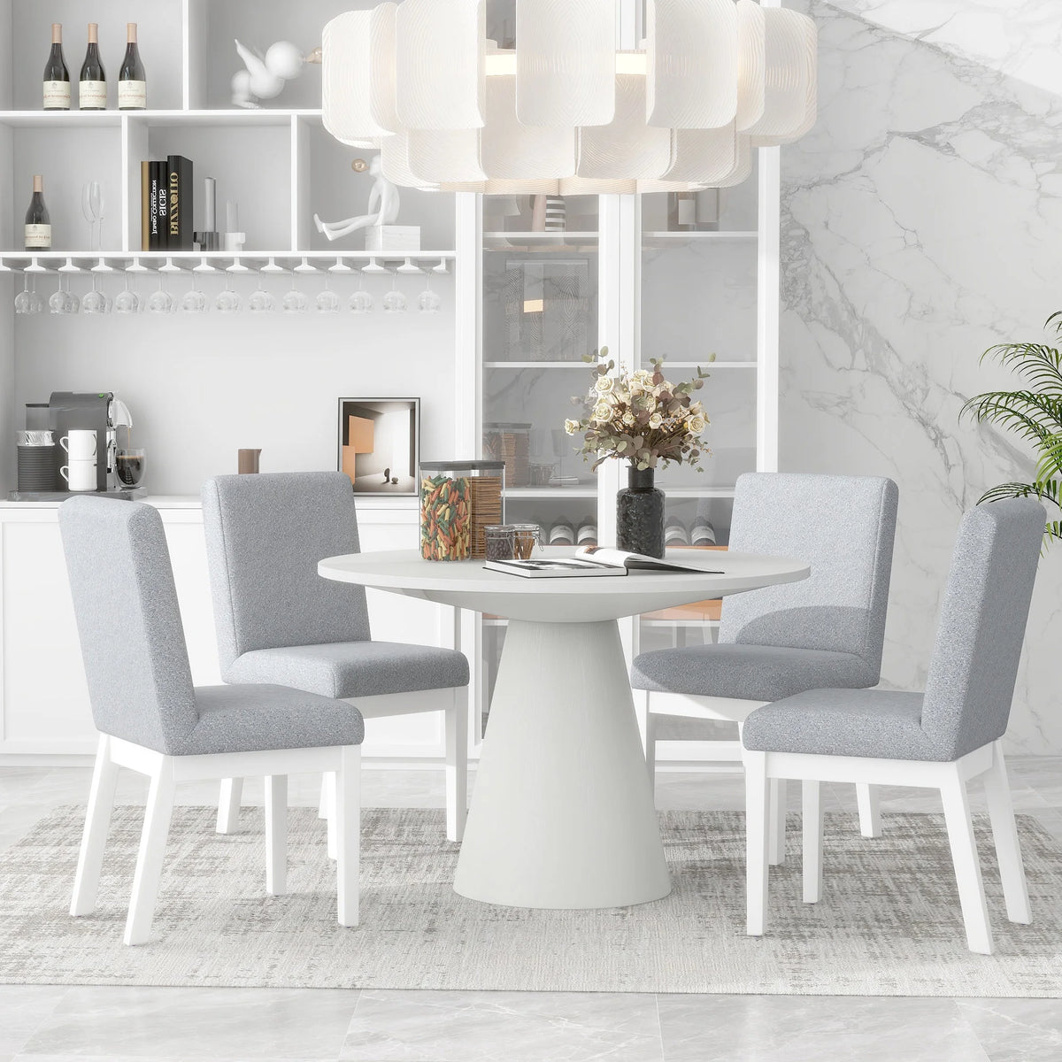 White 5 Piece Round Wood Dining Table Set with 4 Upholstered Chairs F754808