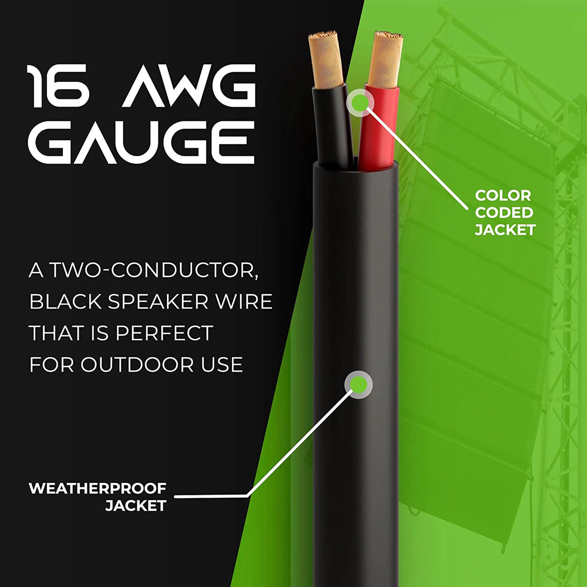 16/2 Tinned OFC 2-Conductor Speaker Cable Wire 100-ft, Black Q2282
