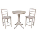 Solid Wood Round Pedestal Counter Height Table & 2 Stools Washed Gray Taupe Set of 3 C96264