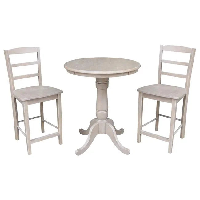 Solid Wood Round Pedestal Counter Height Table & 2 Stools Washed Gray Taupe Set of 3 C96264