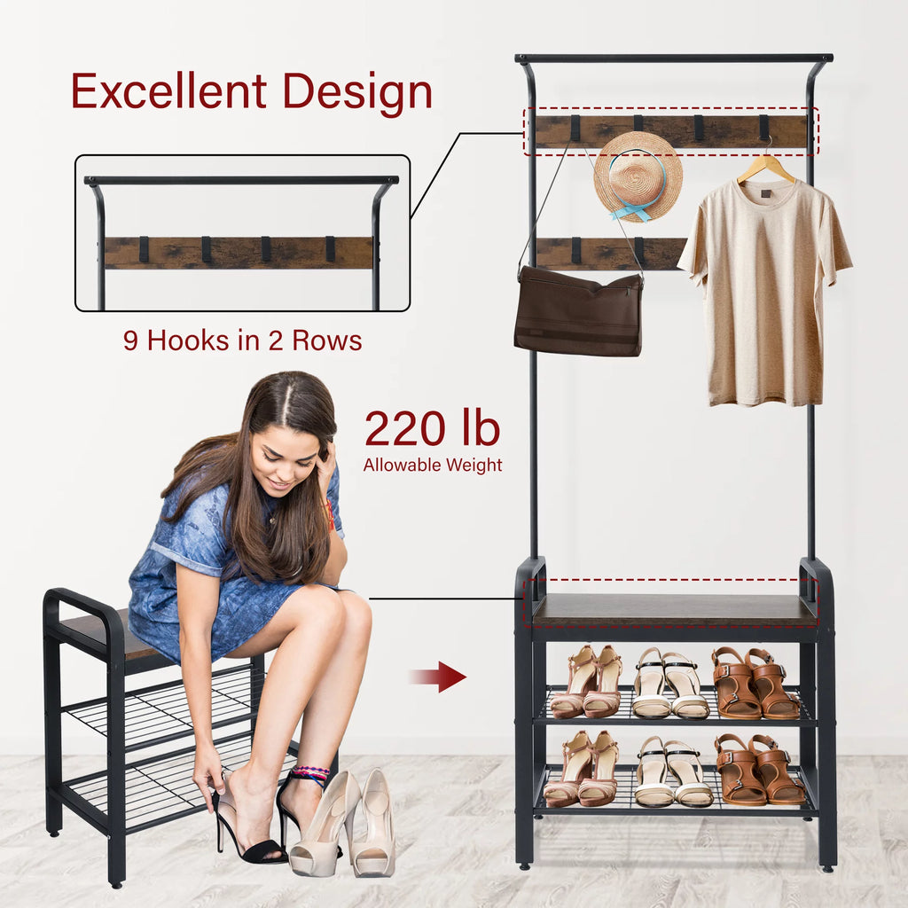 Freestanding Coat Rack with Shoe Bench F30315