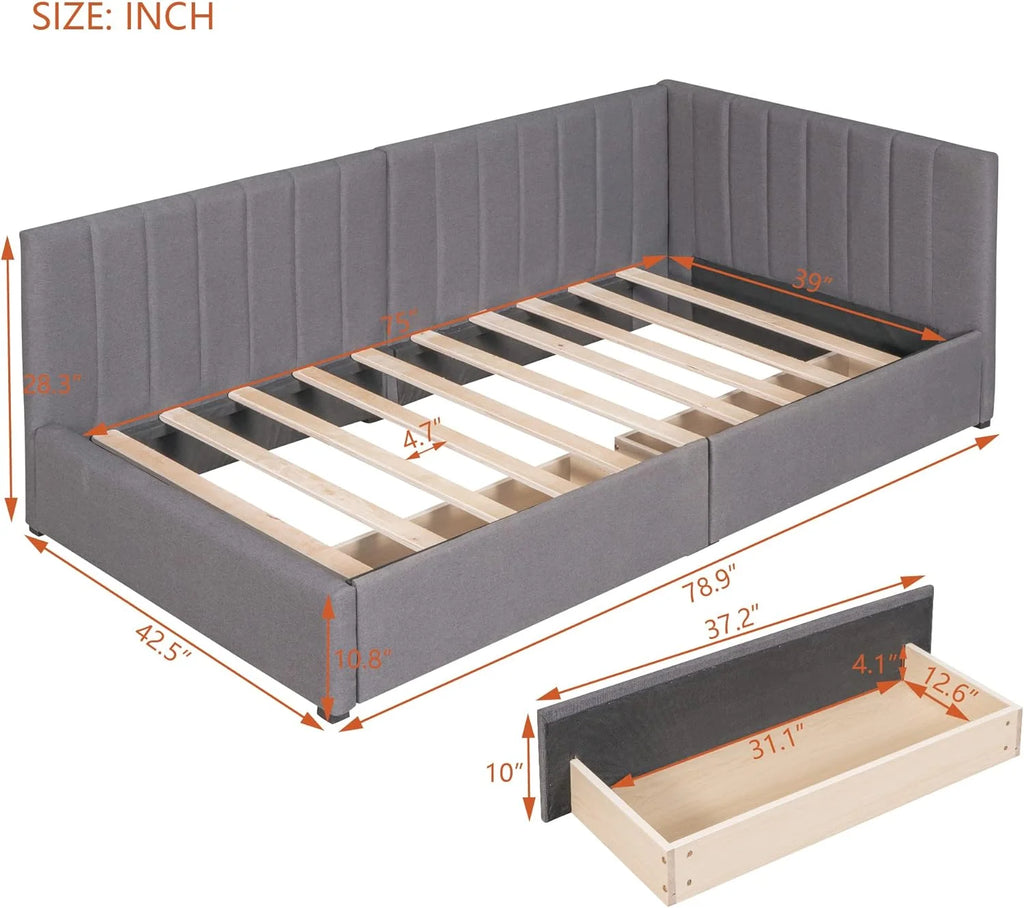 Gray Linen Upholstered Daybed with 2 Storage Drawers H74759