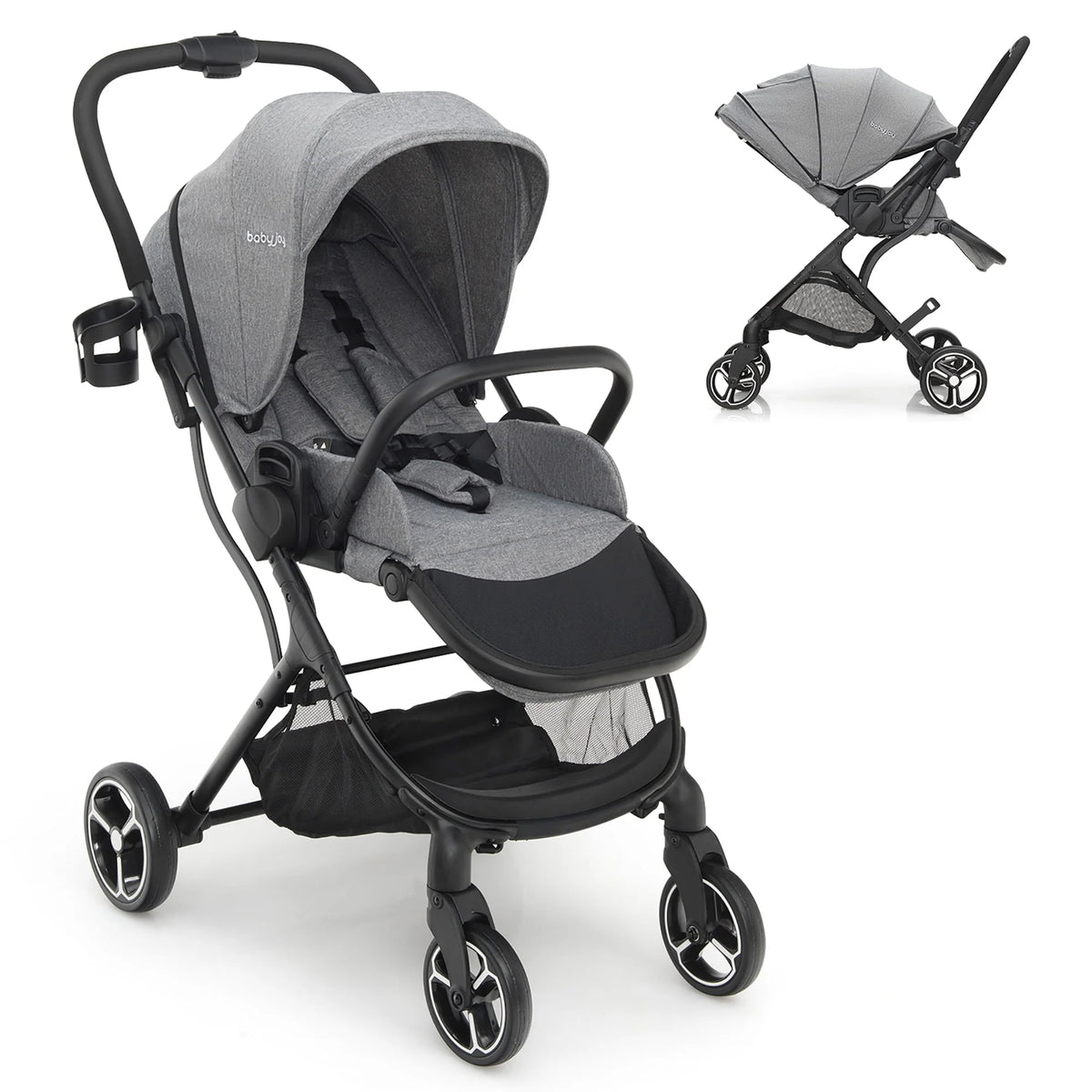 Foldable Baby Stroller with Reversible Reclining Seat Gray D45596