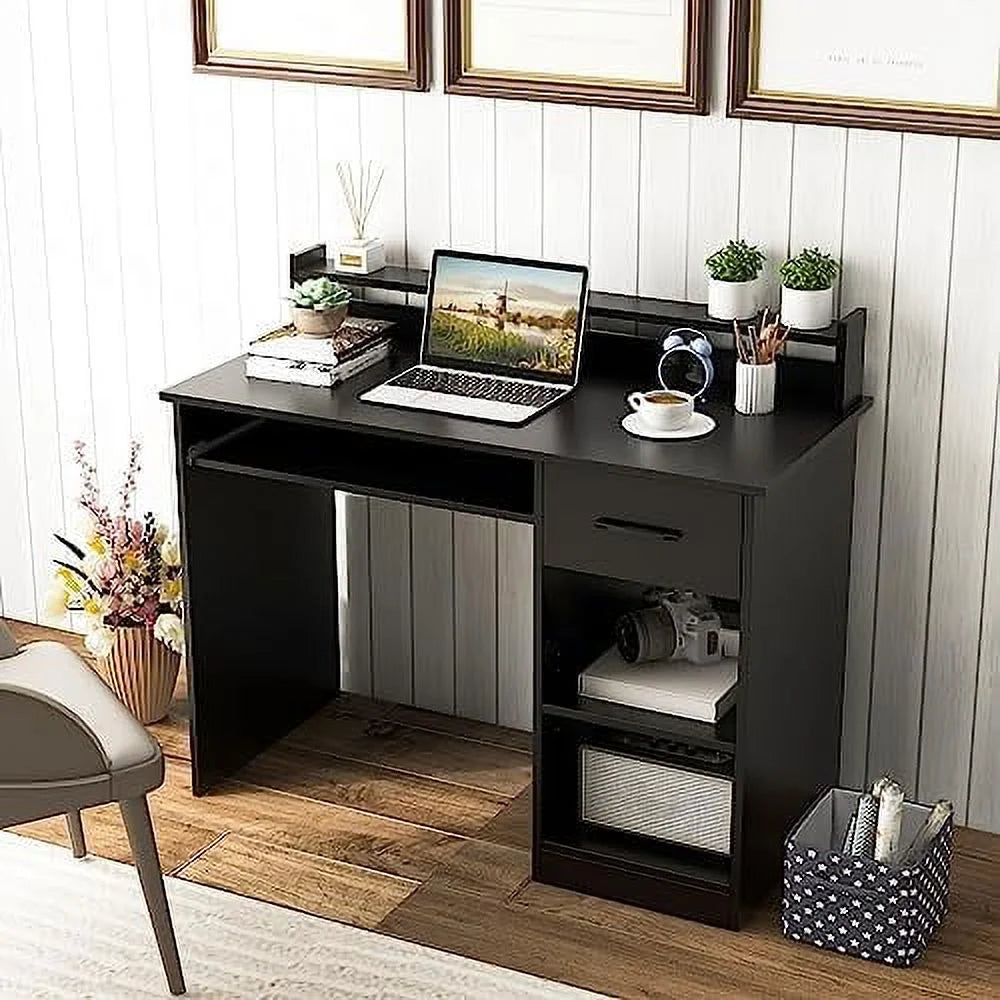 Black Computer Desk with Drawers and Shelves V570600
