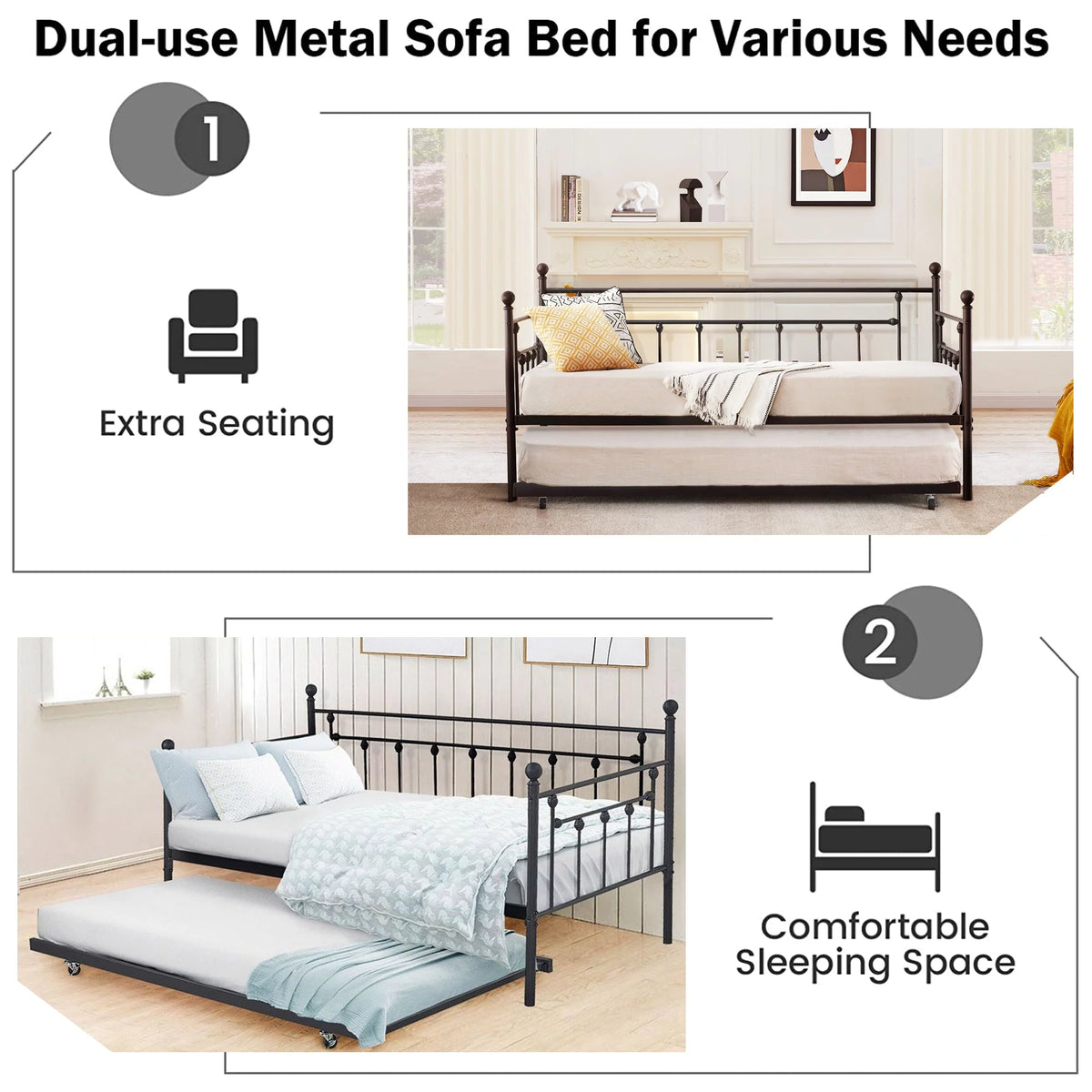 Twin Metal Daybed with Trundle and Wheels Z3083
