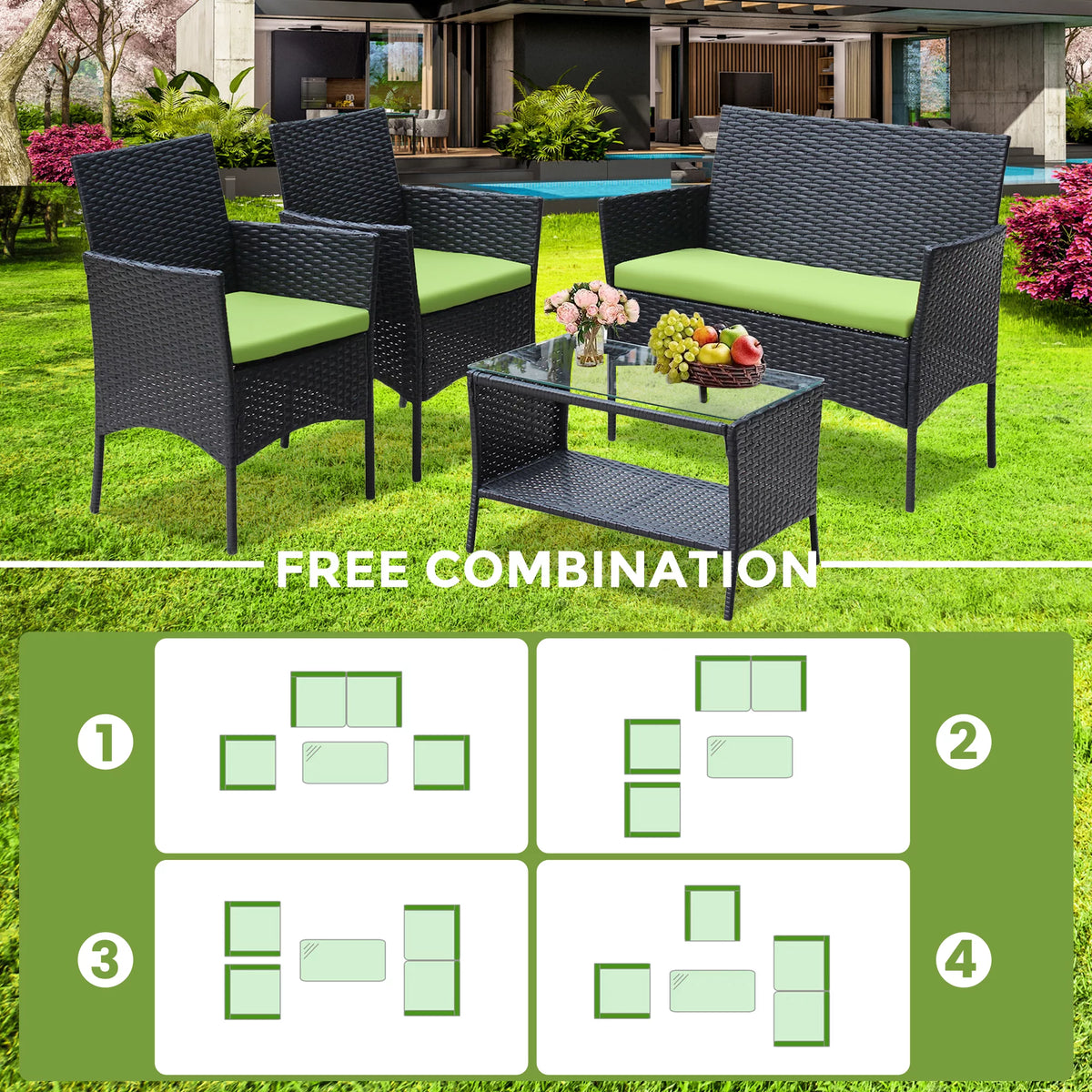 4 Pc PE Rattan Outdoor Furniture Set with Cushions J813283