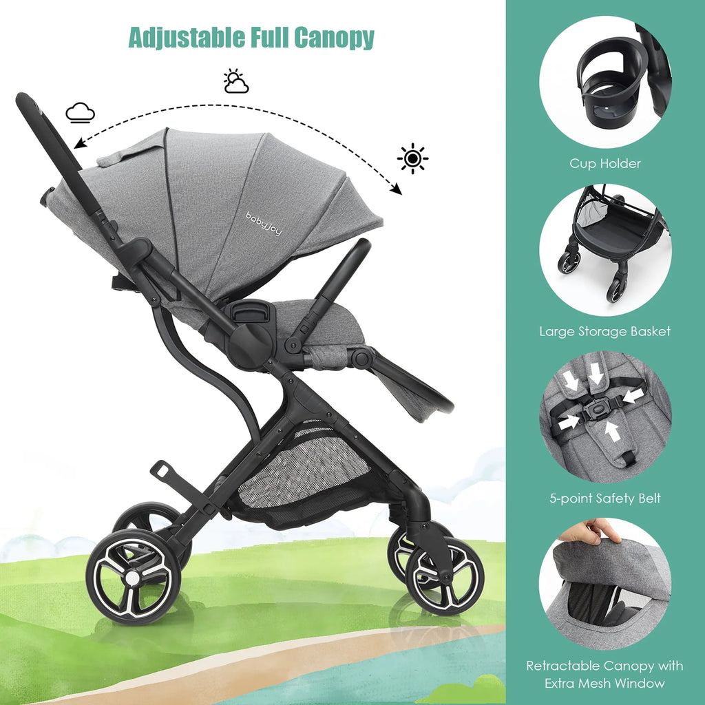 Foldable Baby Stroller with Reversible Reclining Seat Gray D45596