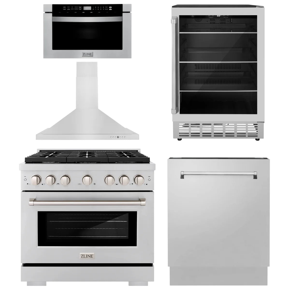 36 Gas Range, Range Hood, Microwave Drawer, Dishwasher and Beverage Fridge H5860