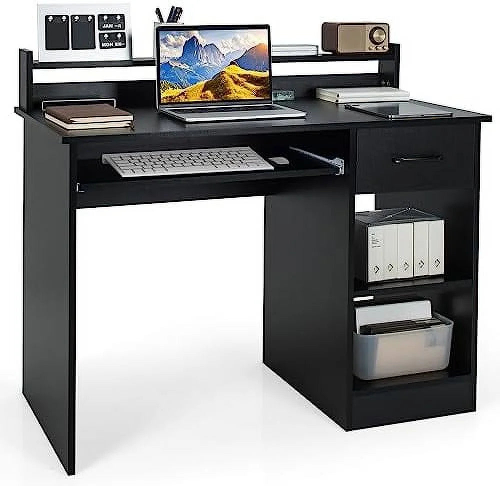 Black Computer Desk with Drawers and Shelves V570600