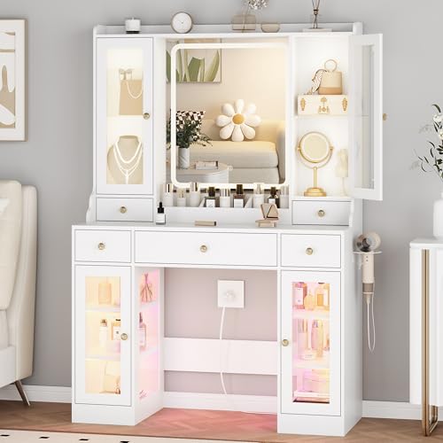 White Vanity Desk with Lighted Mirror and 5 Drawers Z87291