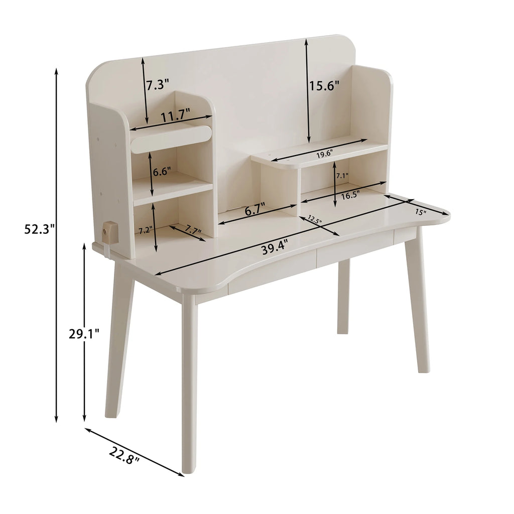 White Wooden Kids Desk with Bookshelf and Two Drawers X8300