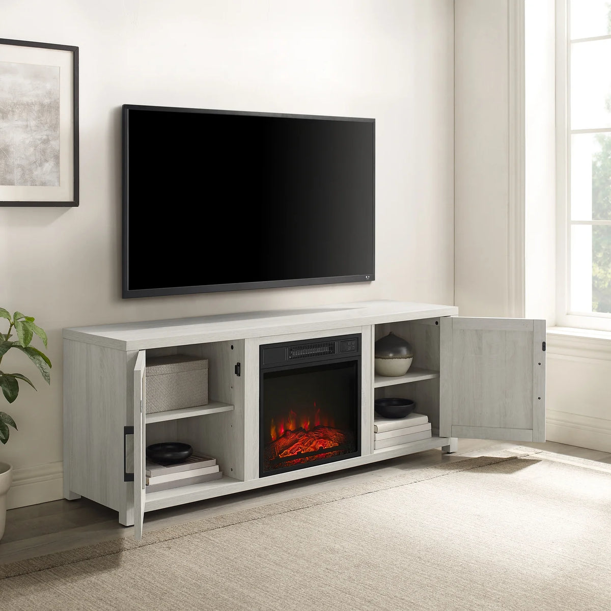 White Wood TV Stand with Fireplace Z496632