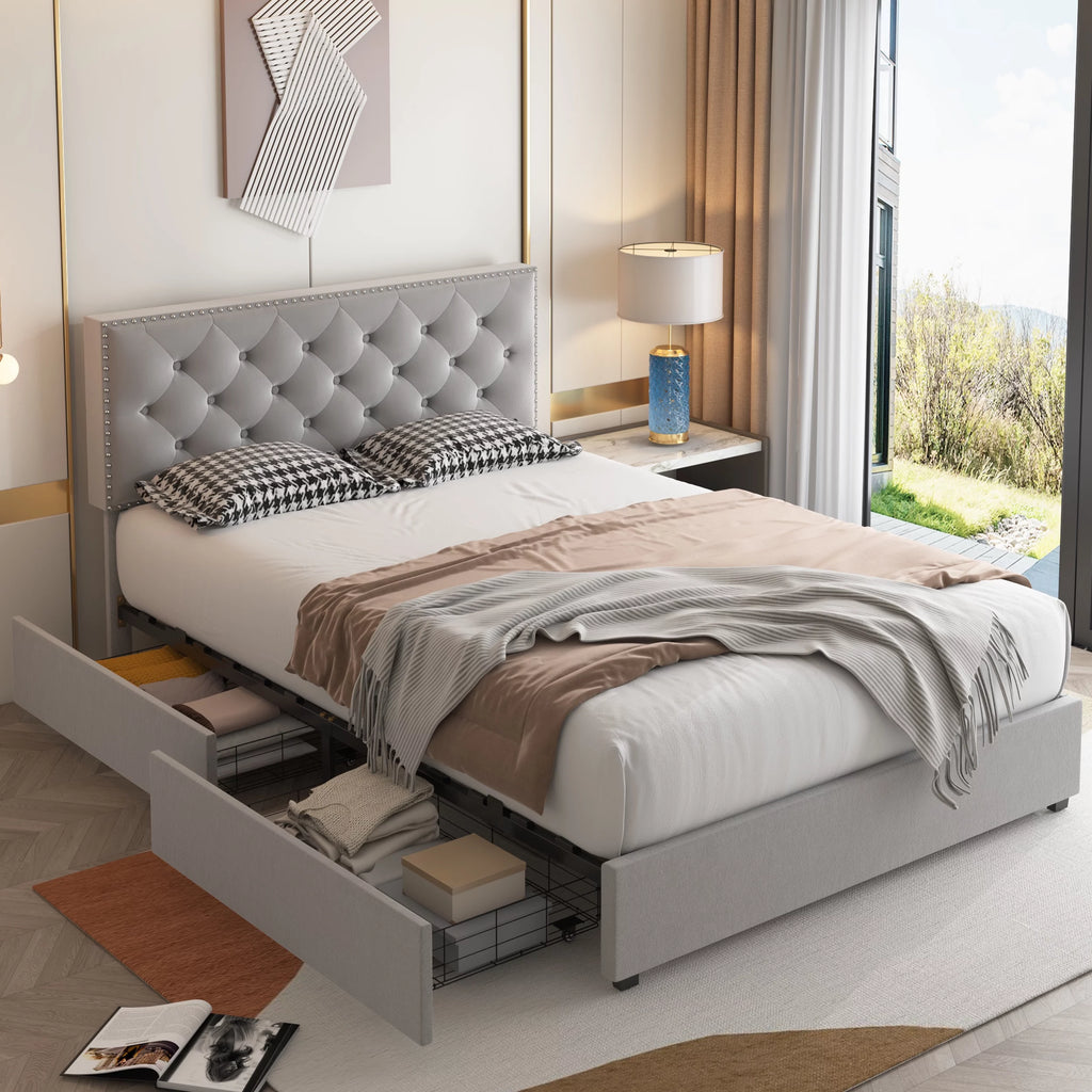 Queen Size Off-White Upholstered Storage Bed with 4 Drawers I78619