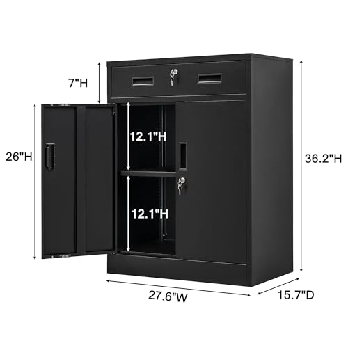Black Metal Storage Cabinet with Two Drawers and Adjustable Shelf M342534