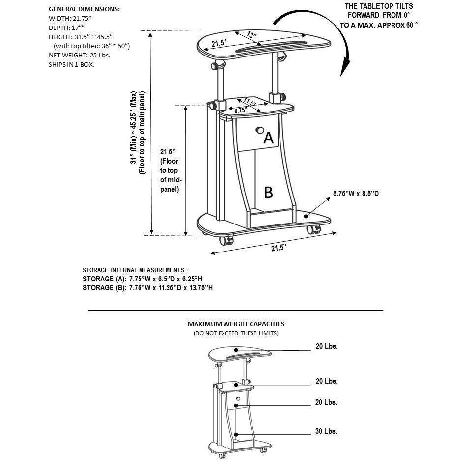 Rolling Adjustable Laptop Cart with Storage Black R518