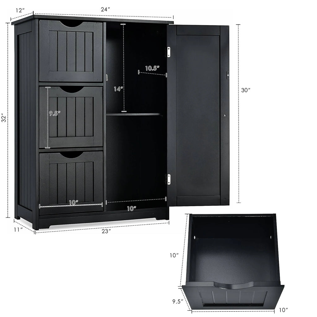 White Wooden Bathroom Floor Cabinet with 1 Cupboard and 3 Drawers S89190