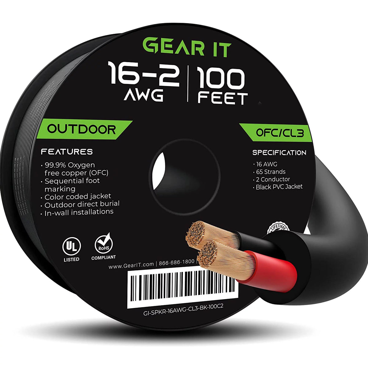 16/2 Tinned OFC 2-Conductor Speaker Cable Wire 100-ft, Black Q2282