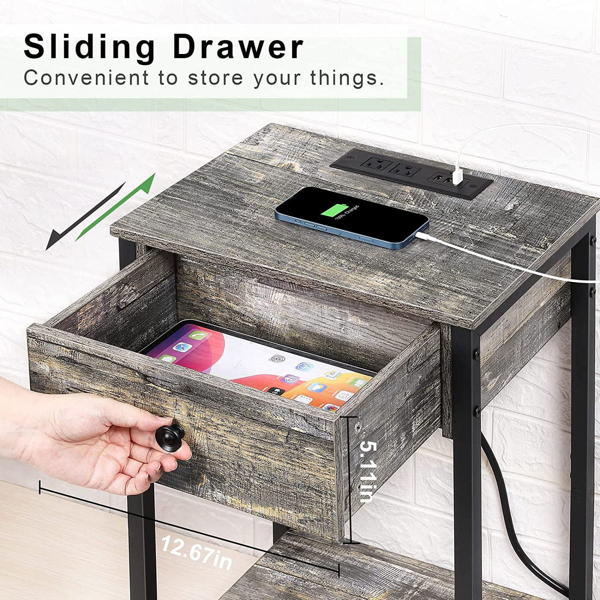 Gray Nightstand End Table with Charging Station and Drawer B4752