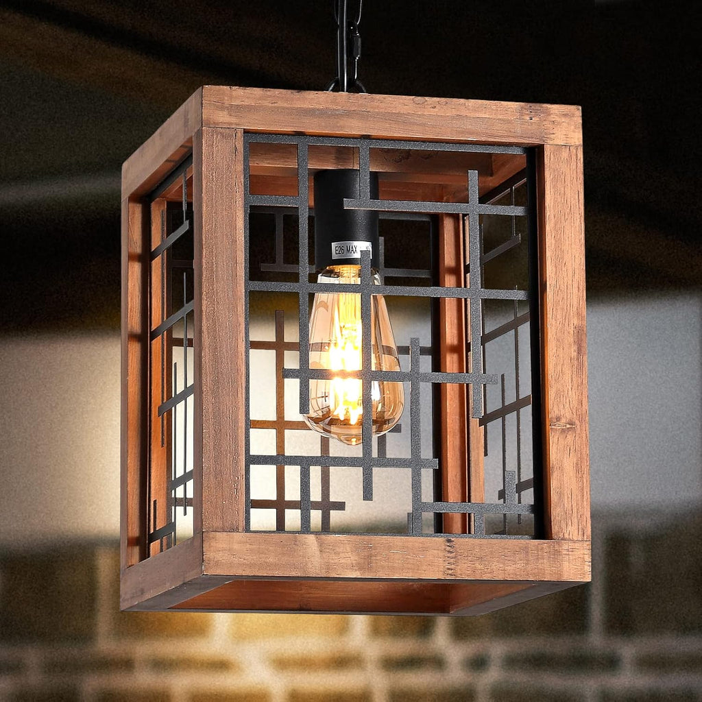3-Lights Wood Chandelier with Cage Shade N560
