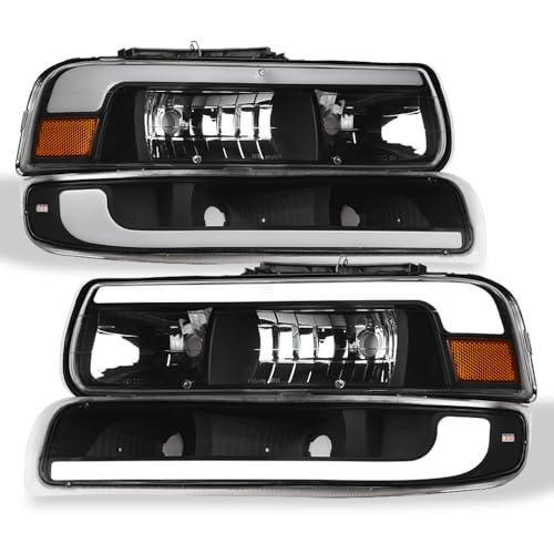 Compatible With Chevy Silverado Suburban Tahoe LED Strip Bar Black Housing Headlights With Signal Bumper Lamps Amber Reflector 4-Pieces K6117