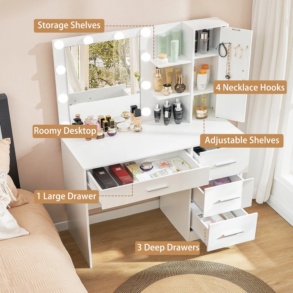 White Makeup Vanity with Lighted Mirror and 4 Drawers U457