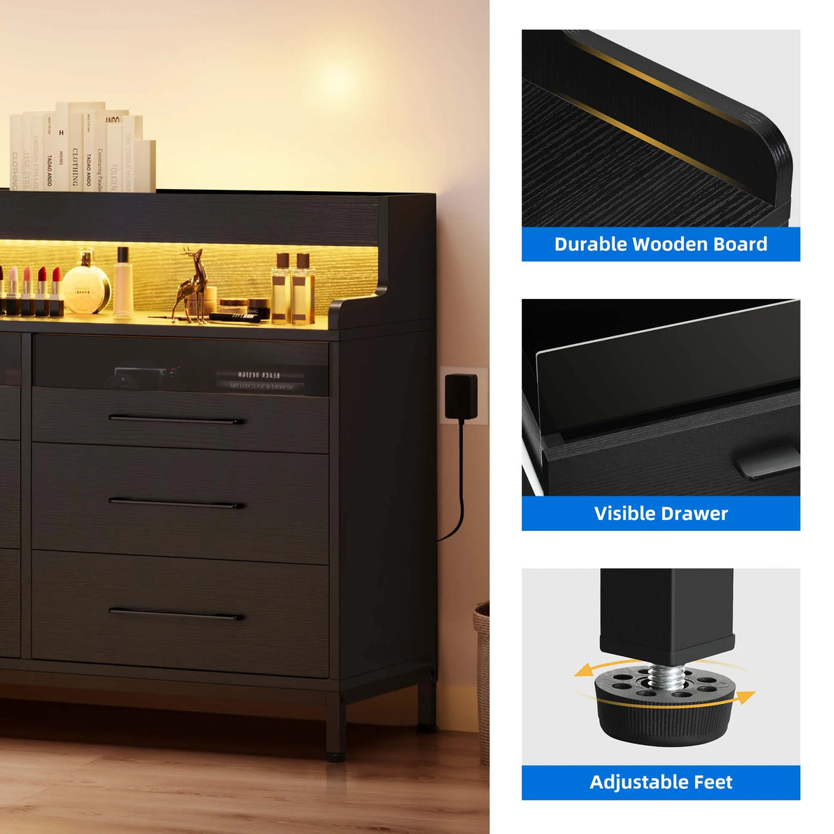 Black 6 Drawer Dresser with LED Light and Open Storage Q8759