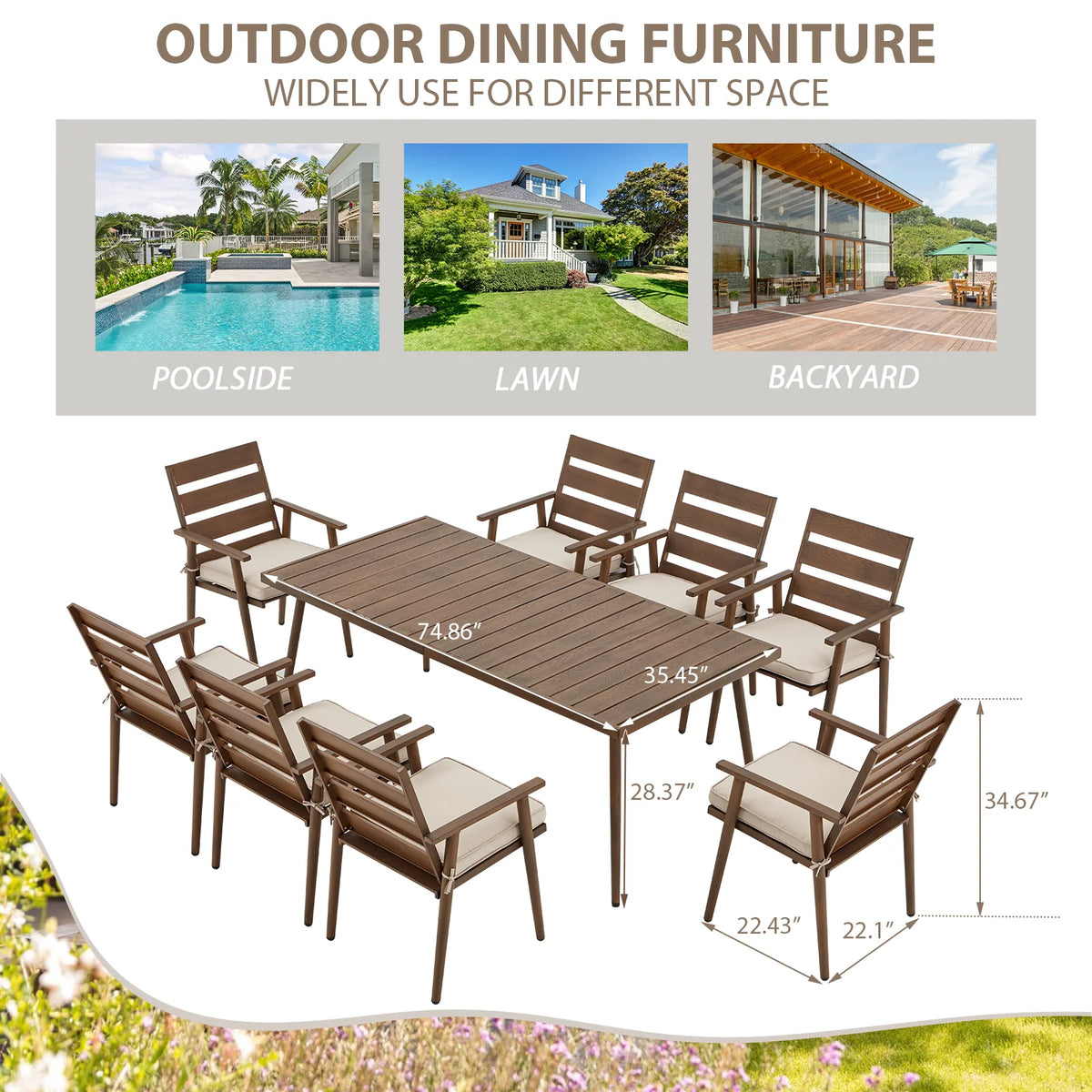 9 Pieces Outdoor Dining Set Metal Table and Chairs with Cushions W7144