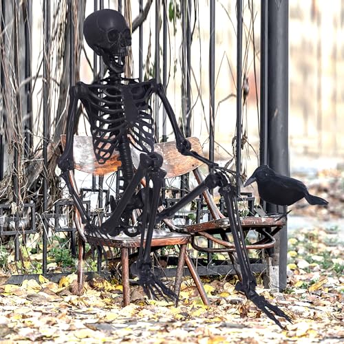 5.4Ft Posable Skeleton with Movable Joints and 2PC Black Feathered Crows U704901