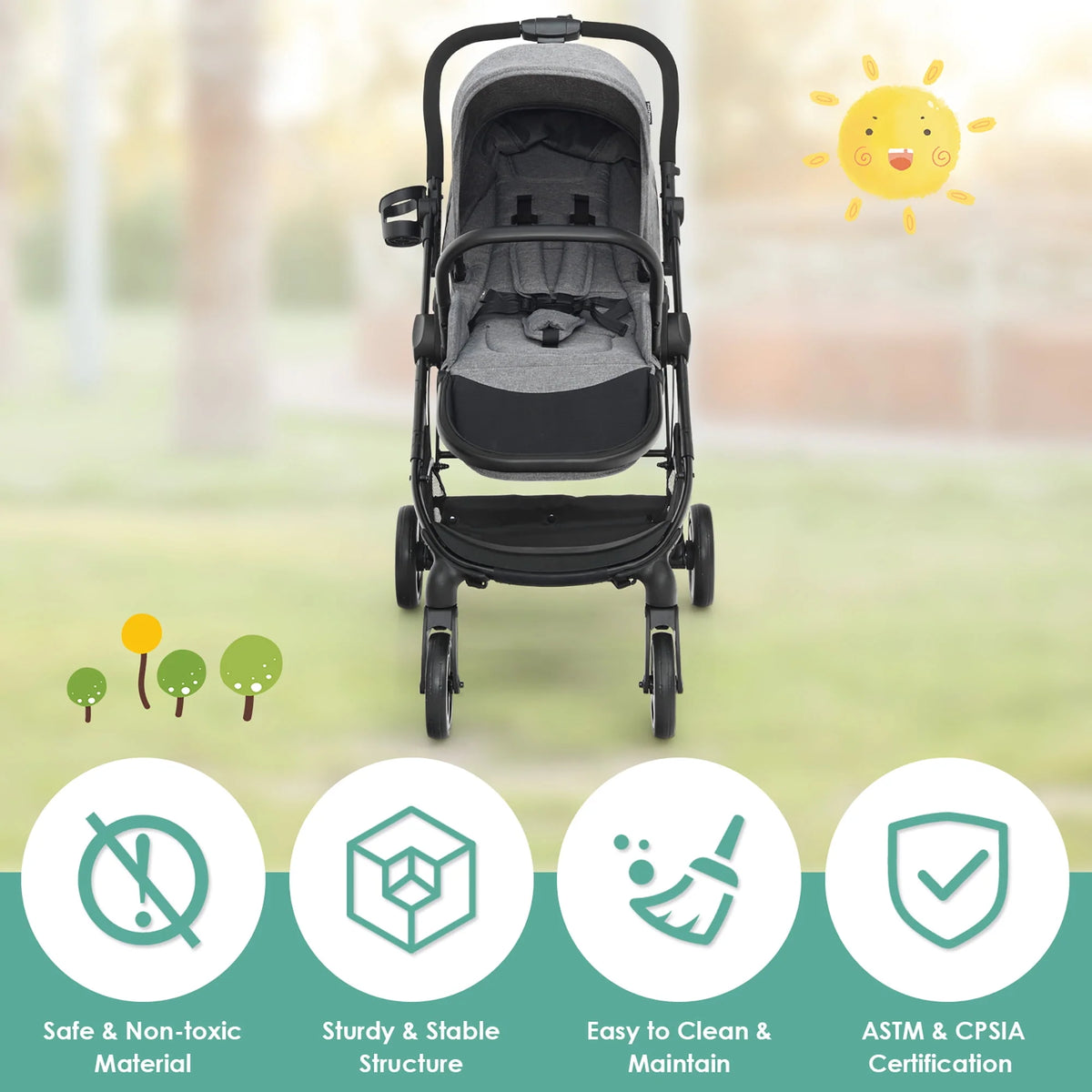 Foldable Baby Stroller with Reversible Reclining Seat Gray D45596